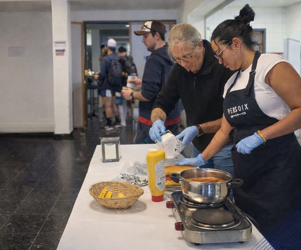 Two volunteers preparing hot dogs at the Derby food stand